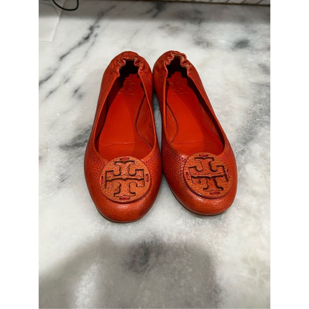 Tory Burch Minnie Travel Ballet Flats Red Pebbled Leather Women’s 6